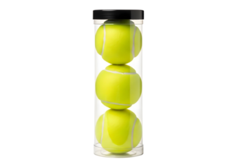 Three yellow tennis balls stacked in a clear plastic tube isolated on transparent background