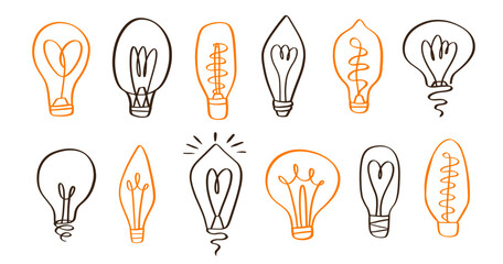 Vector Light Bulb Doodle Icons Set Electric Lamp