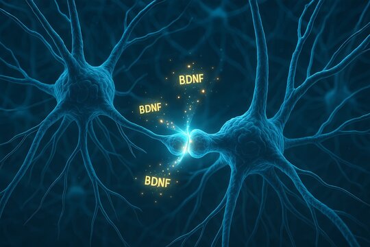 Scientific illustration of neuron communication highlighting BDNF molecules promoting neural growth and synaptic plasticity.