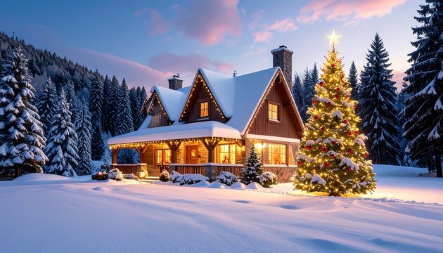 Cozy cabin nestled in snow with Christmas lights and tree glows against a winter sunset sky - Powered by Adobe