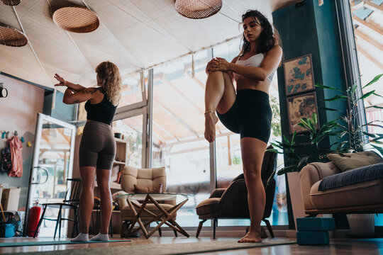 Two women in athletic wear perform balance poses in a sunlit yoga studio. Relaxed atmosphere, indoor plants, and comfortable seating create a calm space for fitness, mindfulness, and wellness training