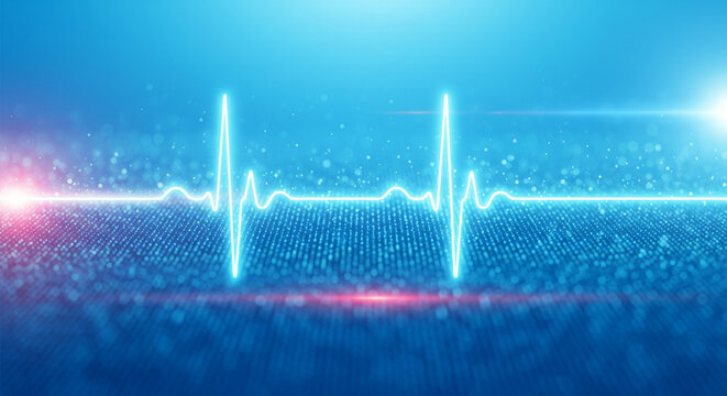 Heartbeat Ekg Line Glowing Blue Neon Light on Dark Textured Surface