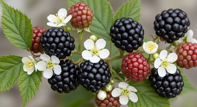 Blackberries with small white flowers, artistic botanical composition.