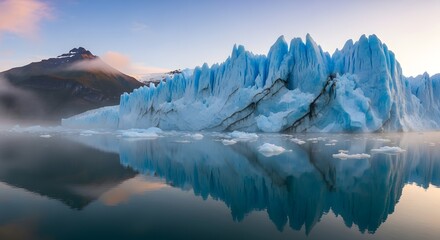 Massive glacier cliffs mirrored on still, glass-like water under pale sunlight, ideal for travel photography, landscape art, or environmental campaigns.