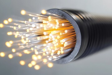 Fiber optic cable glowing with light for high-speed internet data