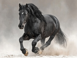 Black horse running fast kicking up dust