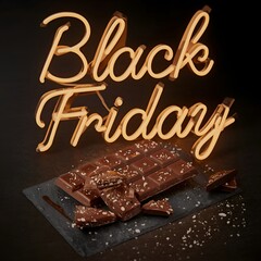 Neon Black Friday Sale Sign over Dark Chocolate Bar with Sea Salt: Luxury Holiday Discount, Dessert, and Cyber Monday Promotion Banner