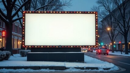 Smart mockup of blank sign billboard on festive street, Christmas atmosphere winter in the city, blurred night background, copy space for outdoor banner, advertisement, presentation, wallpaper