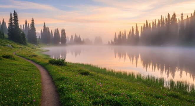 Misty mountain lake at sunrise with pine trees reflecting in calm water and a winding path through a wildflower meadow
