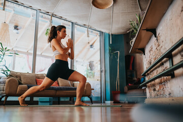 A focused woman in athletic wear practices yoga in a sunlit, modern living room. She balances in a low lunge on a mat, surrounded by plants and comfortable seating.