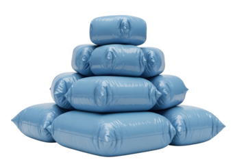 Stack of light blue inflatable cushions isolated on transparent background