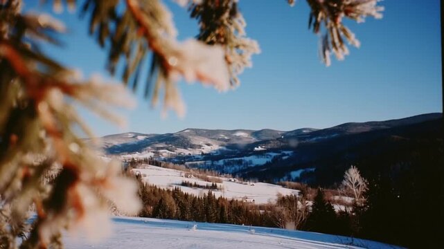 A serene snow-covered mountain landscape framed by frosted pine branches under a clear blue winter sky