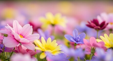 Soft focus field of colorful spring flowers in pastel hues