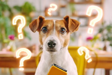 Smartphone surprise: cute dog's morning tech encounter. Morning room. Living with unresolved issues and personal doubts in a chaotic world. Decision fear tips. Digital dog.