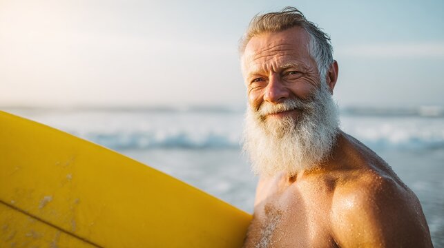 Silver surfer with a soul of gold! This seasoned beach bum is all smiles with surfboard. He is ready to conquer the waves and soak up the sun, living the endless summer dream.
