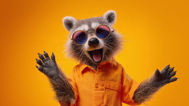 Raccoon with retro shades & a vibrant orange shirt, radiating pure joy! His open arms & expression invite you to join in the fun. Let's embrace this energetic vibe!