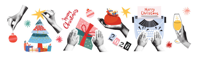 Merry Christmas. Collage with halftone hands decorating a Christmas tree, holding gifts, and a glass of champagne. New Year 2026. Vector illustration for greeting cards, posters, and banners.