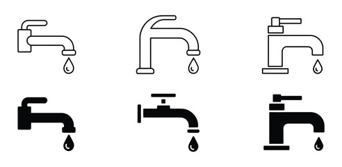Explore a diverse set of faucet icons, perfect for plumbing designs, bathroom renovations, or water conservation campaigns, showcasing various styles and functionalities in sleek minimalist lines