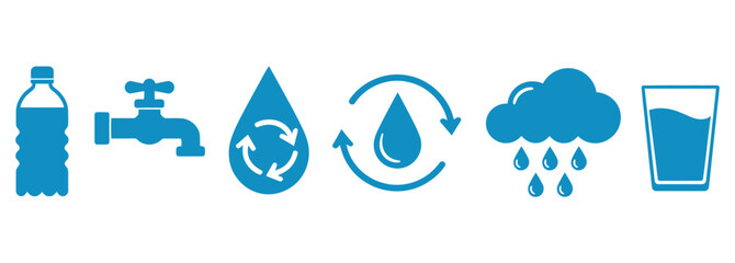 Sustainable water resources concept with bottle, tap, recycling, cloud and glass icons representing conservation, purification and drinking water promotion for environmental awareness