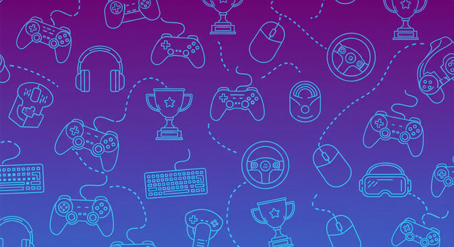Gaming Icons Pattern Background with Gradient Purple Blue Color