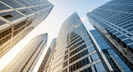 Obraz premium Modern Glass Skyscrapers Reaching Towards the Sky in a City Business District
