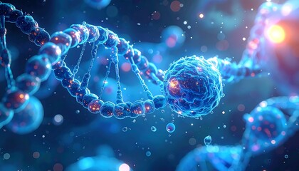 Blue DNA strands interweave, surrounded by shimmering particles and light flares, creating a complex, scientific visual