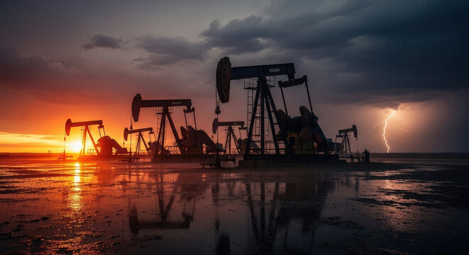 Oil pumpjacks silhouetted in a muddy field during a dramatic sunset storm with rain and powerful lightning - Powered by Adobe