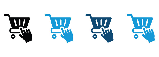 Effortless online shopping with digital shopping cart and pointing finger in multiple color variations, symbolizing e-commerce convenience and modern retail experiences