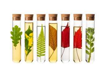 Collection of seven glass test tubes with plant samples isolated on transparent background