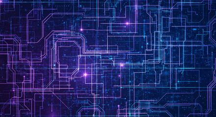 Digital Circuit Board with Glowing Purple and Blue Lights, Futuristic Technology Background