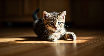 Adorable tabby kitten with blue eyes and outstretched paw lies on a wooden floor in sunlight