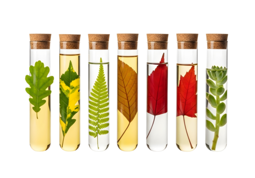 Collection of seven glass test tubes with plant samples isolated on transparent background