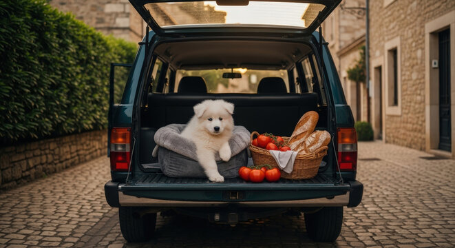 White puppy in soft bed with picnic basket full of fresh food in an open car trunk on a cobblestone street