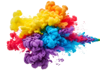 Explosion of vibrant rainbow colored powder isolated on transparent background