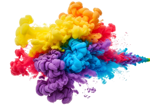 Explosion of vibrant rainbow colored powder isolated on transparent background