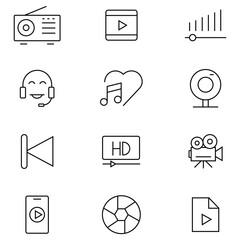 Set of audio and video thin line icons set. Contains as music, radio, webcast, cinema, movie, headphones, file, song and more. Sound and music instruments. Simple vector icons. Vector illustration.