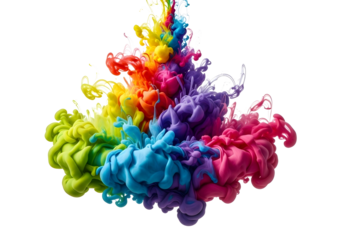 Explosion of vibrant rainbow colored powder isolated on transparent background