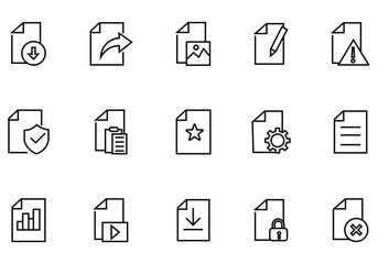Collation of document related line icons. Containing agreement, passport, license, patent, testament, ID card, certificate ands more. Paper document icons set. Vector illustration. 