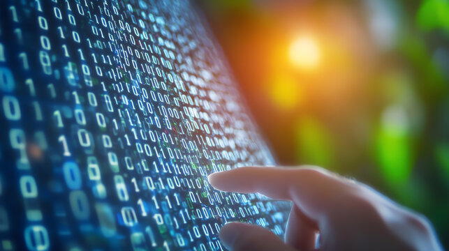A close-up of a hand interacting with a digital screen displaying binary code, symbolizing the connection between humans and technology.
