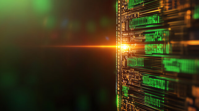 A close-up of an illuminated digital circuit board, showcasing intricate patterns and vibrant green lights. - Powered by Adobe