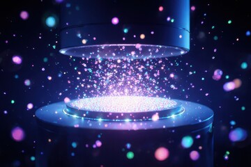 Ion Mass Spectrometry: Stream of glowing color-coded ions traversing a sleek futuristic analytical chamber
