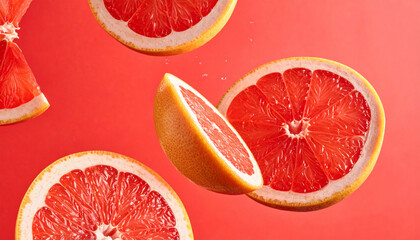 Multiple sliced pink grapefruits floating on a red background