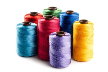 Vibrant sewing thread spools arranged on a clean white background