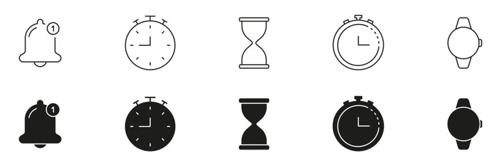 Notification Bell, Stopwatch, Hourglass, And Smartwatch Icon Set. Time Management, Alerts, And Digital Tracking Outline And Silhouette Icon. Efficient Scheduling Tools. Isolated Vector Illustration