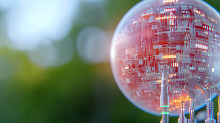 A close-up view of a futuristic glass orb showcasing intricate circuit patterns, representing advanced technology and innovation.