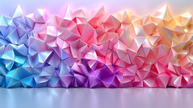 Abstract geometric crystal wall with vibrant pastel gradient colors creating a modern background