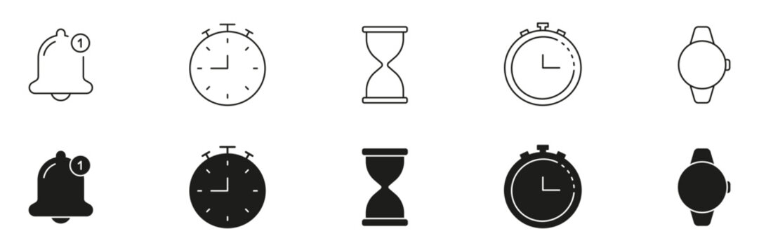 Notification Bell, Stopwatch, Hourglass, And Smartwatch Icon Set. Time Management, Alerts, And Digital Tracking Outline And Silhouette Icon. Efficient Scheduling Tools. Isolated Vector Illustration