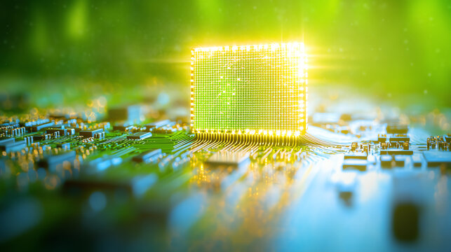 A close-up view of a glowing microchip on a circuit board, highlighting the intricate details of modern electronic components.