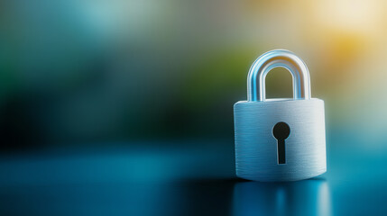 A close-up view of a silver padlock resting on a surface with a blurred background, symbolizing security and protection.