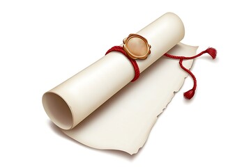 Aged rolled parchment scroll with a red ribbon and gold wax seal